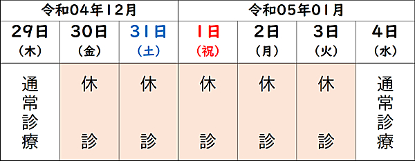 令和04年度年末年始診療予定表